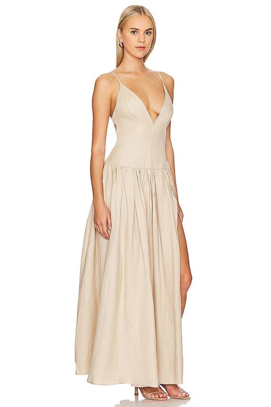 Tularosa Revolve Saylor Cream Sleeveless V-Neck Tie Back Slit Linen Maxi Dress S
